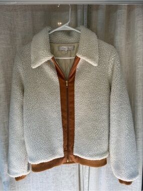 Cream Sherpa Bomber Jacket with Brown Trim